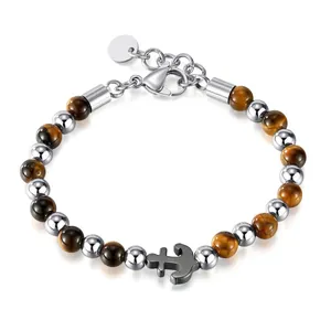 Men Beaded Bracelet Stainless Steel Anchor Pendant Tiger's Eye Hematite Stone Adjustable Fashion Jewelry