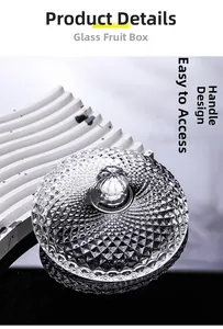 Detail view of crystal glass candy jar with sphere handle and textured diamond pattern