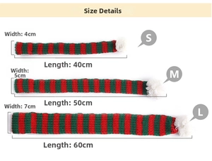 Size chart for red and green striped knit pet scarves with white pom-pom details