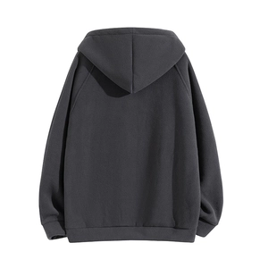 Back view of thick dark grey polar fleece hoodie with warm insulating fabric