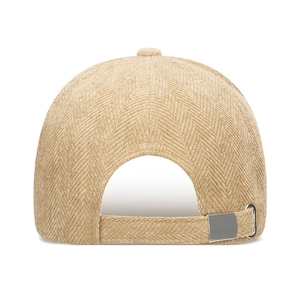 Beige herringbone baseball cap rear view with adjustable silver metal buckle