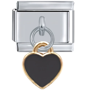 Macro view of modular heart padlock charm in gold and black on stainless steel bracelet