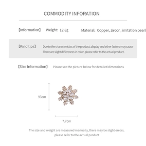 Detail showing snowflake brooch specifications with copper, zircon, and faux pearl info