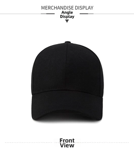 Front view of a minimalist black cotton baseball cap with curved brim and 6-panel structure