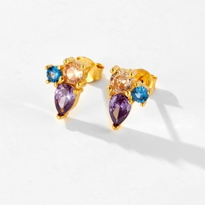 S925 silver teardrop earrings with purple and blue zircon stones in gold settings