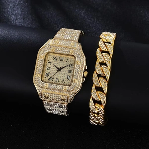 Classic gold square watch set with luxury crystal encrusted cuban chain bracelet for women