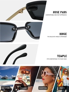 Detail of square black Y2K sunglasses with metal hinges and outdoor lifestyle shots