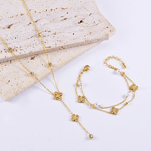 Collier Et Bracelet En Acier Inoxydable Bijoux Avec Pendentif Fleur Trèfle Künstliche Perle Imitation Zirconia Long Gland Élégant Mode Femmes