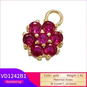 Golden flower pendant with red micro-inlaid zircon stones for sweet DIY jewelry making