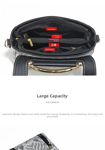 Detail view of large capacity interior with multiple compartments and gold hardware