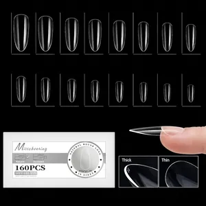 Size chart showing 16 dimensions for long round semi-matte clear soft gel nail tips
