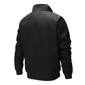 Back view of black bomber jacket with ribbed collar and windproof fabric for men