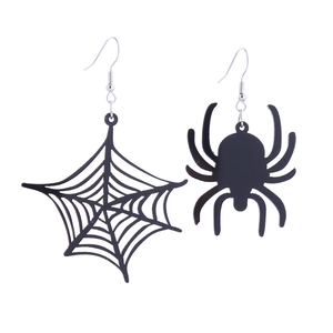 Detail of asymmetrical black acrylic Halloween earrings featuring spider and spider web shapes
