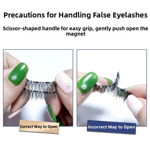 Guide showing the correct push-open method for 3D magnetic eyelashes with tools
