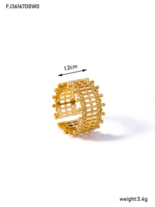 Detail view of gold mesh textured ring showing 1.2cm width and 3.4g weight