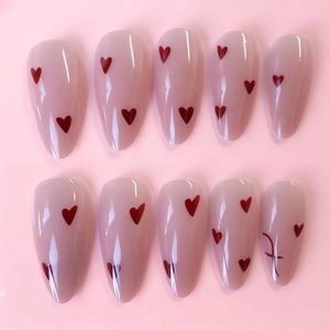 Rosa Mandel-Drucknägel mit roten Herzmustern und Hochglanzfinish, Set mit 10 Stück