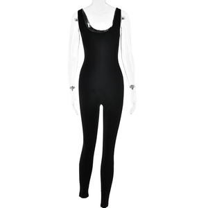 Detail showing the seamless backless design of this black slimming bodysuit jumpsuit