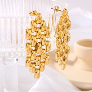 Chic gold stainless steel geometric drop earrings with woven chain links on a clear stand