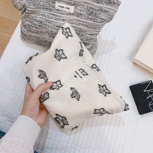 Minimalist cotton linen handbags with black butterfly patterns and simple wish label