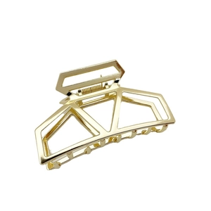 Large geometric gold metal hair claw clip for thick hair with a hollow square design