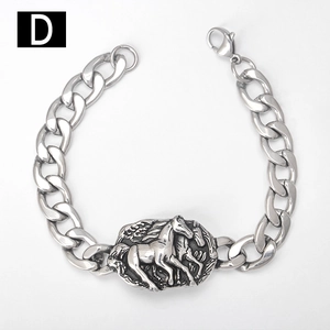 Detail view of silver punk curb chain bracelet featuring a dual horse relief plate