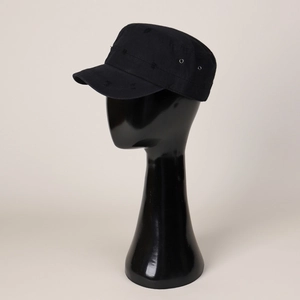 Classic black flat top army cadet hat with distressed details and metal eyelets