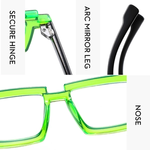 Detail of green TR90 glasses frame showing secure hinge and ergonomic curved mirror legs