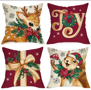 Christmas Cushion Covers Linen Breathable Holiday Decor Pillowcases Elk Squirrel JOY Wreath Pattern