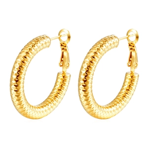 Golden hollow hoop earrings for women with textured diamond pattern in 18K gold finish