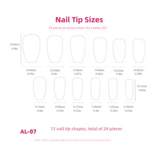 Size guide for French heart press-on nails featuring 12 widths and 24 pieces in total