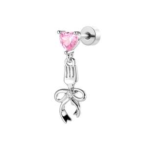 Creative silver heart stud earring featuring pink gemstone, bow, and fork design details