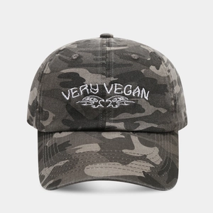 Camo baseball cap with Very Vegan white embroidery on high-quality washed canvas fabric
