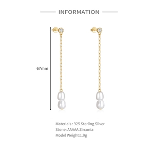 Detail view of 67mm long pearl tassel earrings in gold with AAAAA zircon and S925 silver