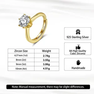 Detail view of a 925 sterling silver ring with 6-prong solitaire cubic zirconia setting