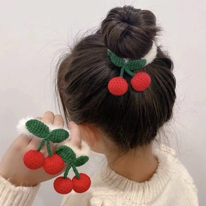 Handmade crochet cherry hair tie with red berries and white plush fur band for women