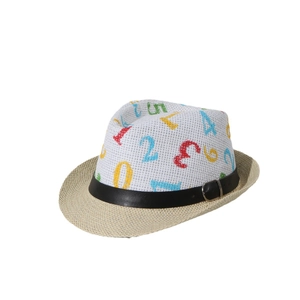 Kids woven straw fedora hat with colorful numeric embroidery and leather strap