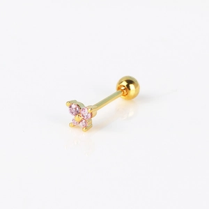 Detail of pink zircon flower stud earring with golden finish and threaded screw back ball