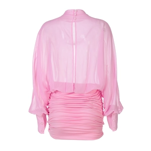 Detail view of pink chiffon pleated dress back with sheer mesh and stand collar