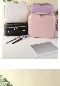 Quilted leather cosmetic bags in white, purple, black, and pink with gold zippers
