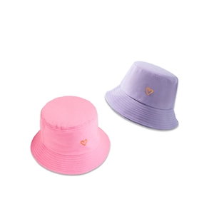Pink and purple cotton bucket hats with orange heart embroidery on plain background