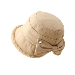 Elegant khaki fisherman hat with plush sheepskin trim and a large bow detail