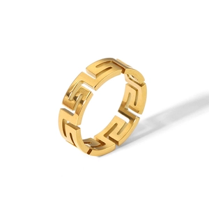 Gold stainless steel ring with hollow Greek fret pattern shown from a 45-degree angle