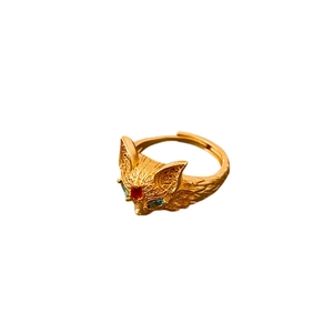 Adjustable 24k gold-plated fox open ring with red and green gemstone accents