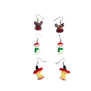 Three-pair Christmas earring set featuring cute reindeer, snowman, and apple core designs