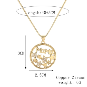 Detail of gold MAMA necklace with zircon star pendant and dimensions including chain length