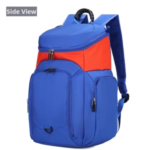 Detail view of large capacity sports backpack with blue and orange splicing design
