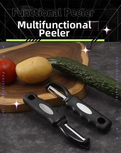 Close-up of I-type and Y-type black vegetable peelers on a wooden board with potatoes