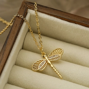 18K gold plated dragonfly pendant necklace with sparkling cubic zirconia on gold O-chain