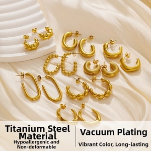 Detailed set of gold-plated titanium steel earrings in geometric and textured hoop designs