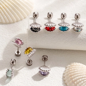 Shell Shape Helix Cartilage Stud Earrings Titanium Steel Zircon Colorful Inlay Screw Back Piercing Jewelry For Women